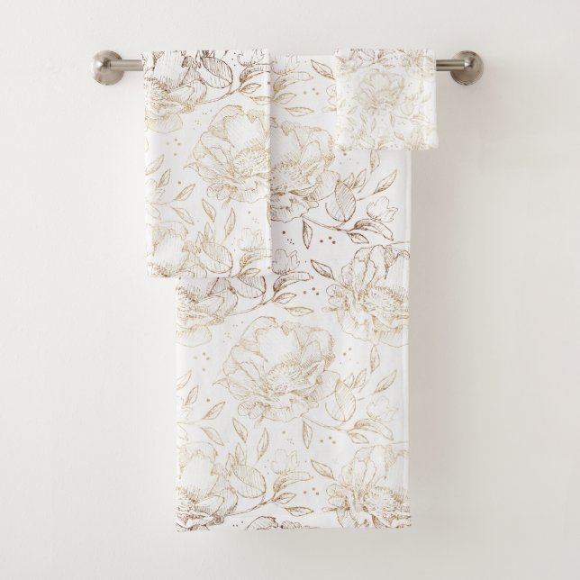 Faux Gold Foil Floral Hand Drawn Elegant Bath Towel Set (Insitu)