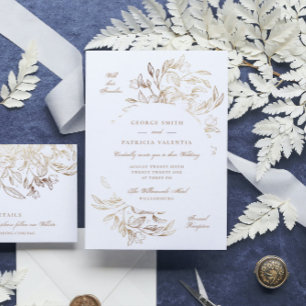 Faux Gold Foil Floral Hand Drawn Elegant Wedding Invitation