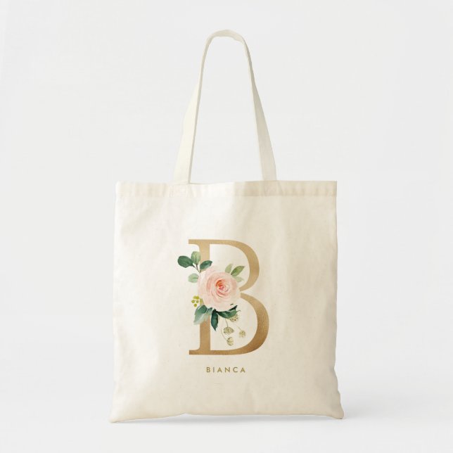 Faux Gold Foil Floral Letter B Monogram Bridesmaid Tote Bag (Front)