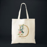 Faux Gold Foil Floral Letter D Monogram Bridesmaid Tote Bag<br><div class="desc">Feminine and elegant floral tote bag featuring watercolor illustrations of flowers,  greenery and faux foil monogram. Personalise by adding a name or short phrase. This monogram floral canvas bag will be perfect as a personalised gift.</div>