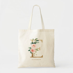 Faux Gold Foil Floral Letter E Monogram Bridesmaid Tote Bag