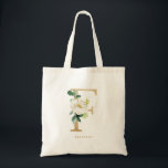 Faux Gold Foil Floral Letter F Monogram Bridesmaid Tote Bag<br><div class="desc">Feminine and elegant floral tote bag featuring watercolor illustrations of white flowers,  greenery and faux foil letter F monogram. Personalise by adding a name or short phrase. This F monogram floral canvas bag will be perfect as a personalised gift.</div>