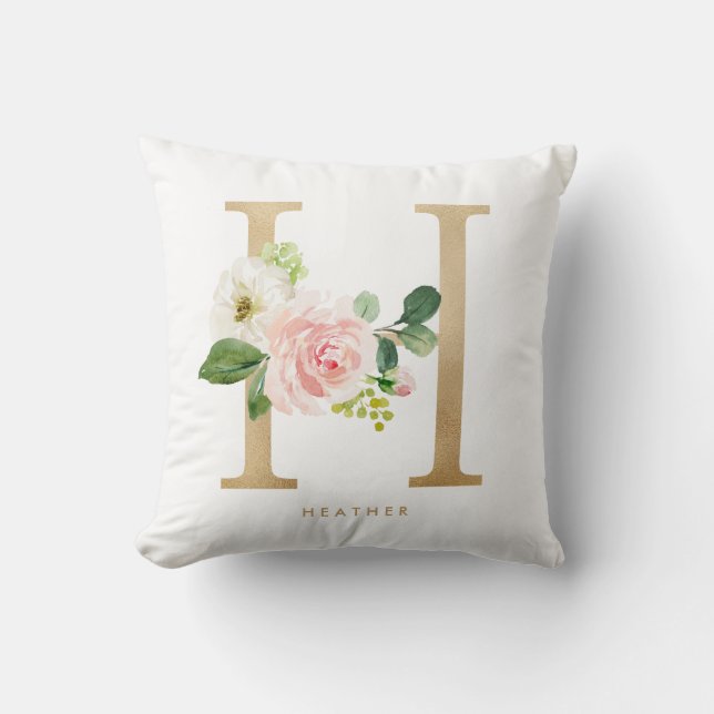 Faux Gold Foil Floral Letter H Monogram Cushion (Front)