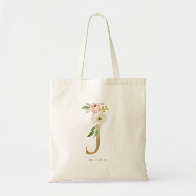 Faux Gold Foil Floral Letter J Monogram Bridesmaid Tote Bag (Front)