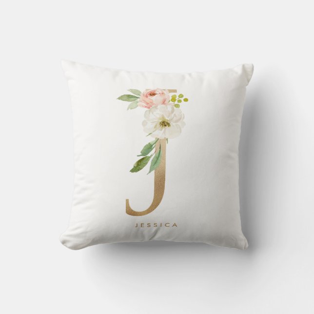 Faux Gold Foil Floral Letter J Monogram Cushion (Front)