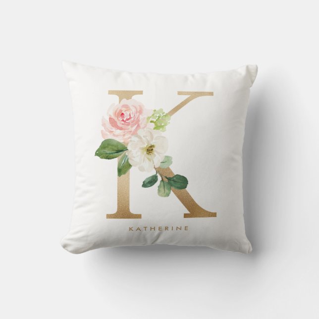 Faux Gold Foil Floral Letter K Monogram Cushion (Front)