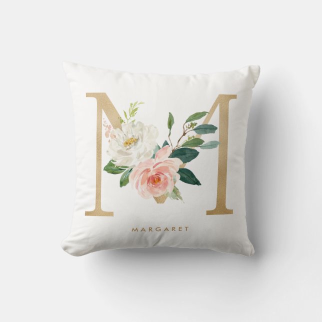 Faux Gold Foil Floral Letter M Monogram Nursery Cushion (Front)