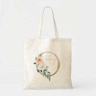 Faux Gold Foil Floral Letter O Monogram Bridesmaid Tote Bag