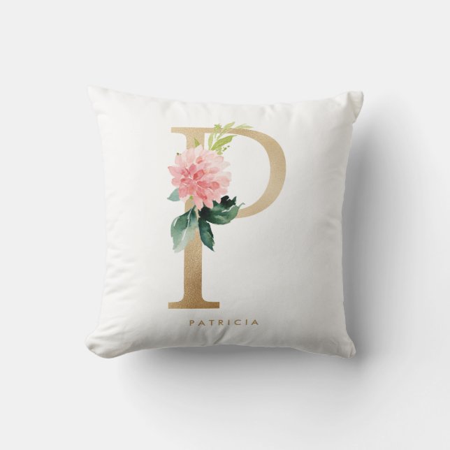 Faux Gold Foil Floral Letter P Monogram Nursery Cushion (Front)
