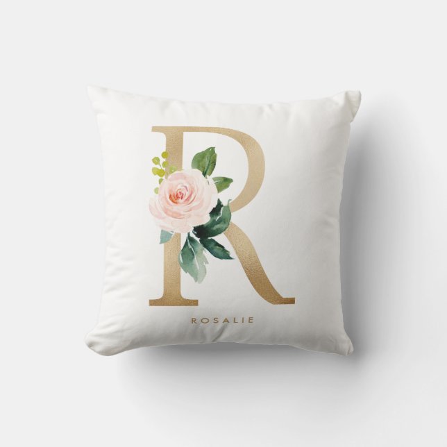 Faux Gold Foil Floral Letter R Monogram Nursery Cushion (Front)