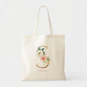 Faux Gold Foil Floral Letter S Monogram Bridesmaid Tote Bag