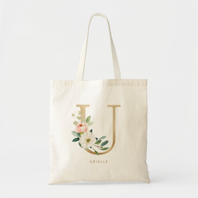 Faux Gold Foil Floral Letter U Monogram Bridesmaid Tote Bag (Front)