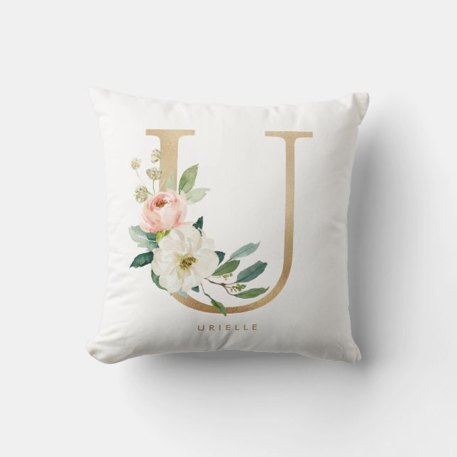 Faux Gold Foil Floral Letter U Monogram Cushion (Front)