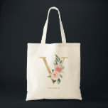 Faux Gold Foil Floral Letter V Monogram Bridesmaid Tote Bag<br><div class="desc">Feminine and elegant floral tote bag featuring watercolor illustrations of flowers,  greenery and faux foil monogram. Personalise by adding a name or short phrase. This letter V monogram floral canvas bag will be perfect as a personalised gift.</div>