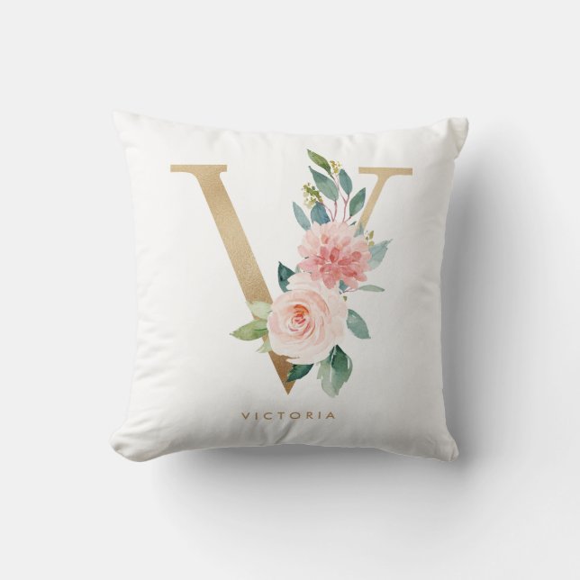 Faux Gold Foil Floral Letter V Monogram Nursery Cushion (Front)