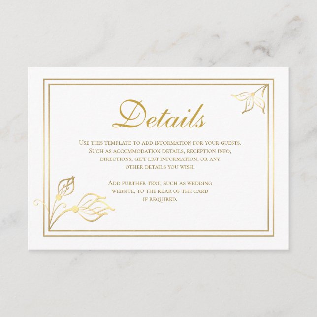 Faux Gold Foil Floral Wedding Details Card (Front)