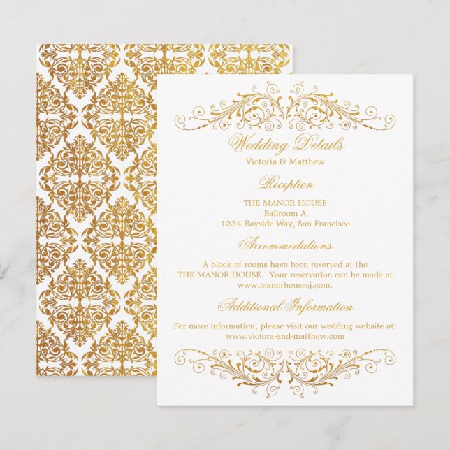 Faux Gold Foil Flourish Damask Wedding Details Invitation (Front/Back)