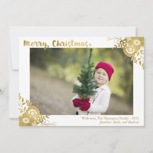 Faux Gold Foil Flower Holly Photo Christmas Cards