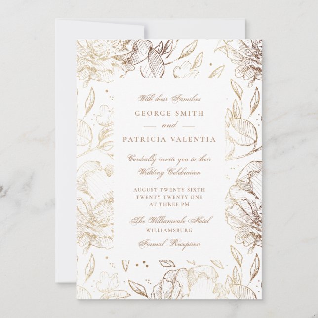 Faux Gold Foil Flowers Hand Drawn Elegant Wedding Invitation (Front)