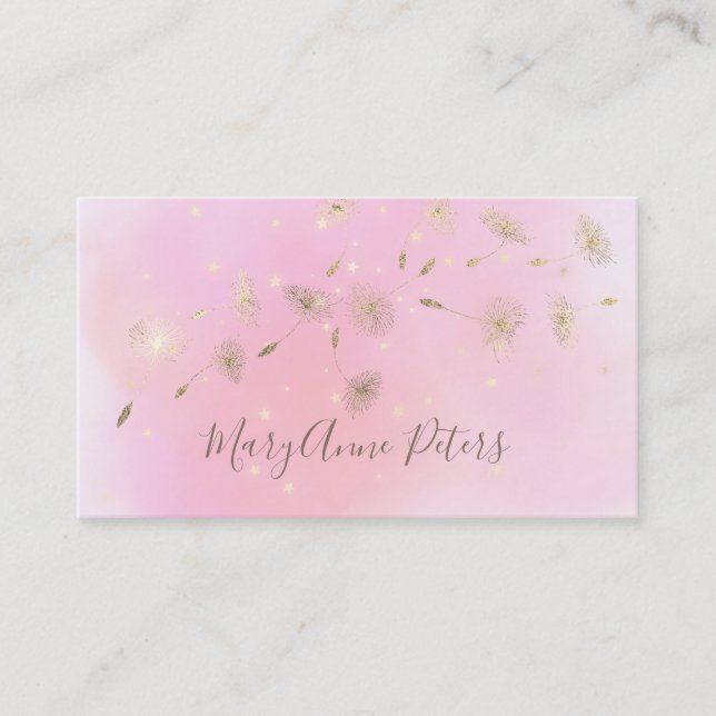 faux gold foil flying dandelions on pink splash business card (Front)