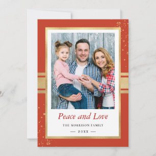 Faux Gold Foil Frame Peace and Love Photo Holiday Card