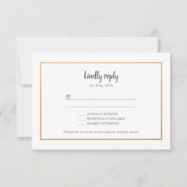 Faux Gold Foil frame wedding RSVP reply card (Front)