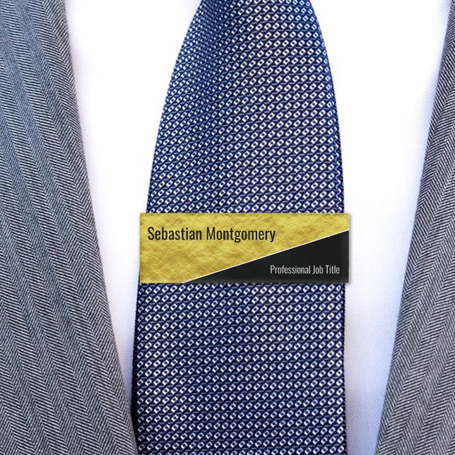 Faux Gold Foil Geometric Professional Name Tag (diagonal black and gold name tag)