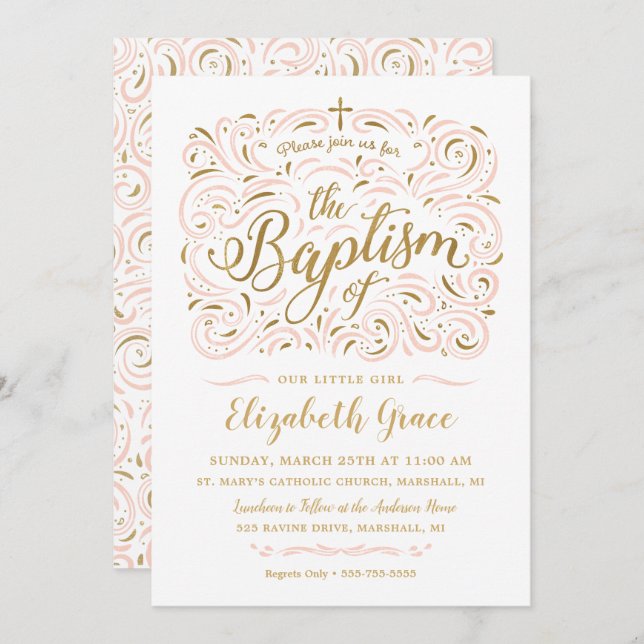Faux Gold Foil Girl Baptism Invitation (Front/Back)