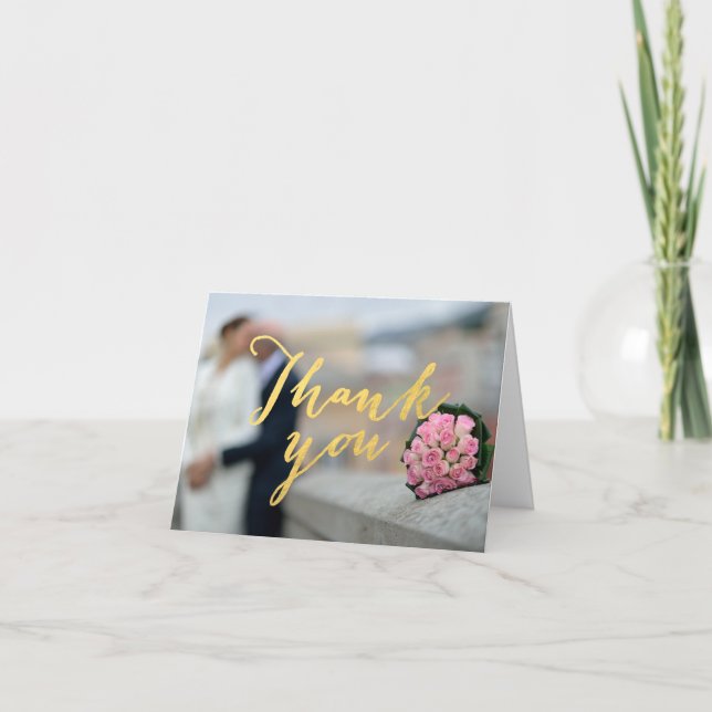 Faux Gold Foil Glamour Wedding Photo Thank You Car (Front)