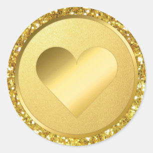Faux Gold Foil Glitter Heart Wedding Envelope Classic Round Sticker