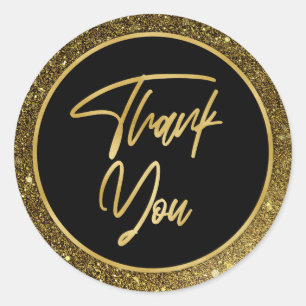 Faux Gold Foil & Glitter Modern Thank You Classic Round Sticker