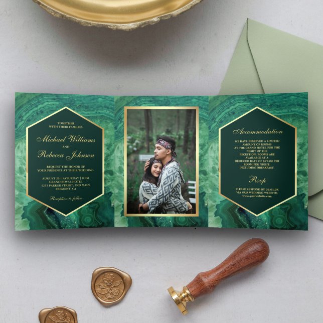 Faux Gold Foil Green Agate Wedding Photo Tri-Fold Invitation (Creator Uploaded)