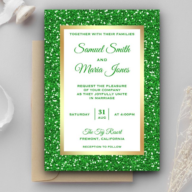 Faux Gold Foil Green Glitter Wedding Invitation (Creator Uploaded)