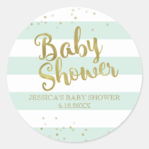 Faux Gold Foil Green Stripes Baby Shower Favour Classic Round Sticker