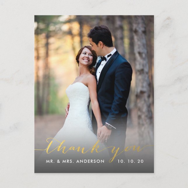 Faux Gold Foil Handwriting Wedding Thank You Postcard (Front)