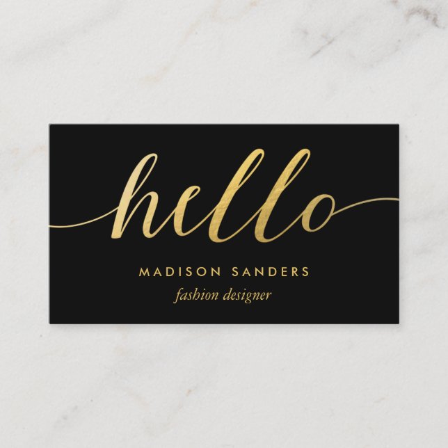 Faux Gold Foil Hello Typography Classic Black Business Card (Front)