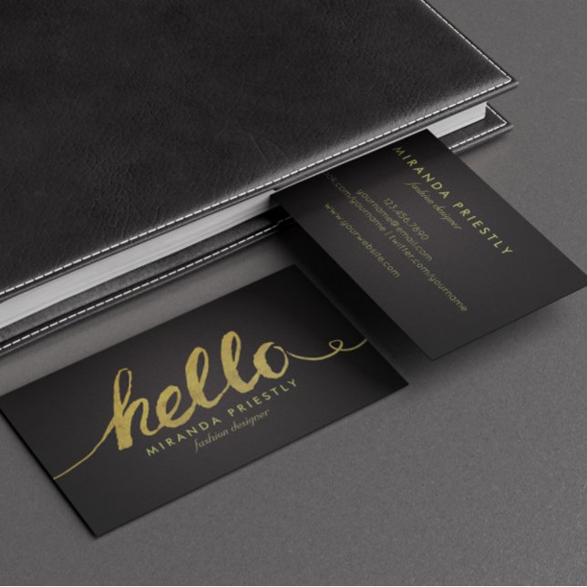 Faux Gold Foil Hello Typography Classic Black Business Card (Creator Uploaded)