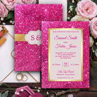 Faux Gold Foil Hot Pink Glitter Wedding Invitation