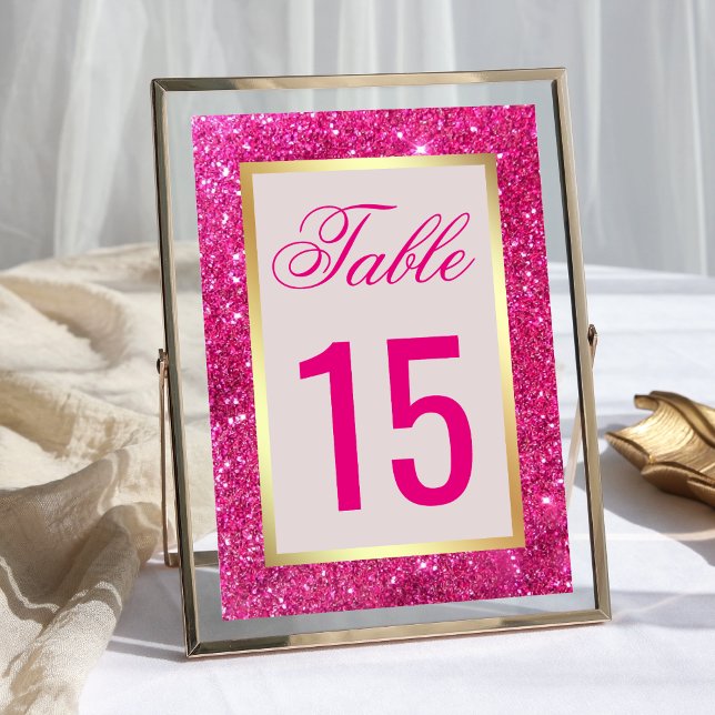 Faux Gold Foil Hot Pink Glitter Wedding Table Number (Creator Uploaded)