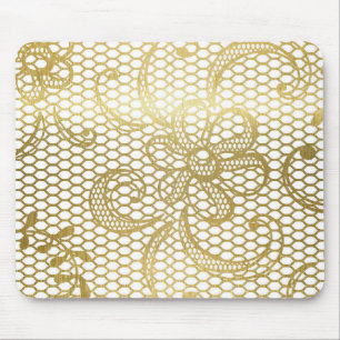 Faux Gold Foil Large Floral Lace Pattern Mouse Mat