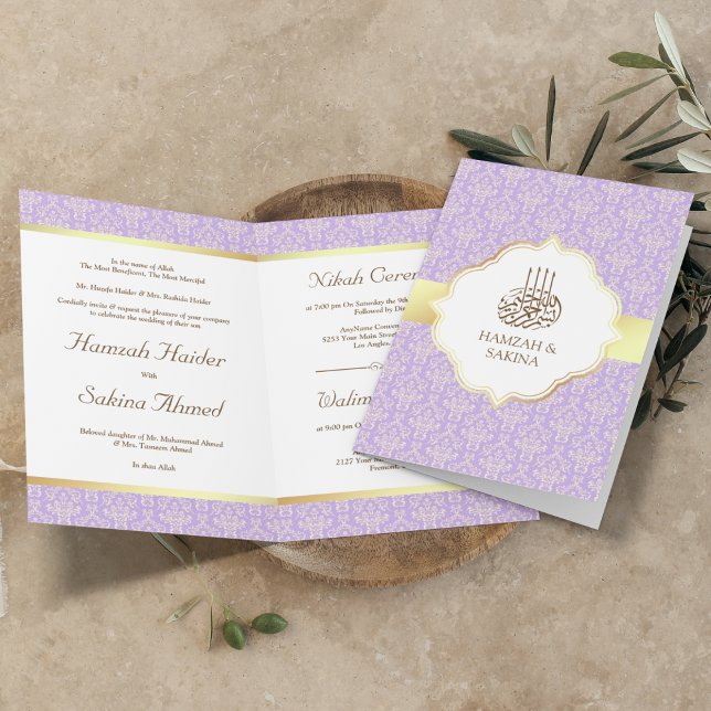 Faux Gold Foil Lavender Damask Muslim Wedding Invitation (Creator Uploaded)