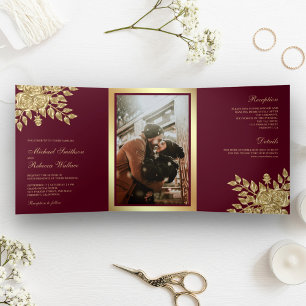 Faux Gold Foil Leaves Floral Burgundy Wedding Tri-Fold Invitation