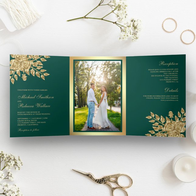 Faux Gold Foil Leaves Floral Teal Green Wedding Tri-Fold Invitation (Creator Uploaded)