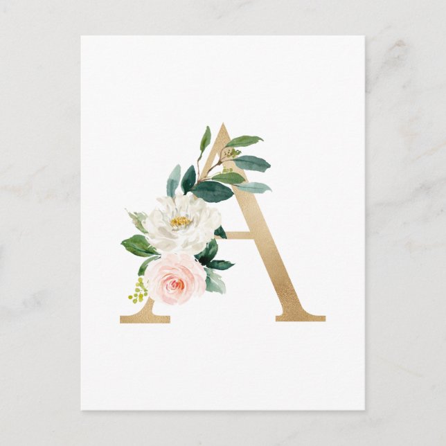 Faux Gold Foil Letter A Blush Floral Monogram Postcard (Front)