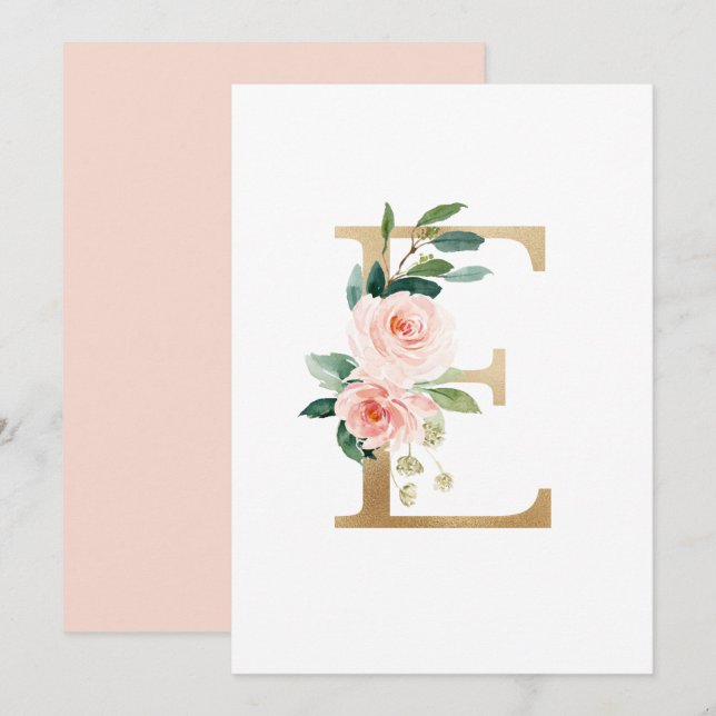 Faux Gold Foil Letter E Blush Floral Monogram Invitation (Front/Back)