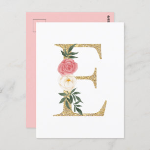 Faux Gold Foil Letter E Blush Floral Monogram Postcard