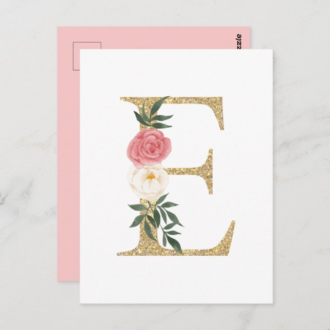 Faux Gold Foil Letter E Blush Floral Monogram Postcard (Front/Back)