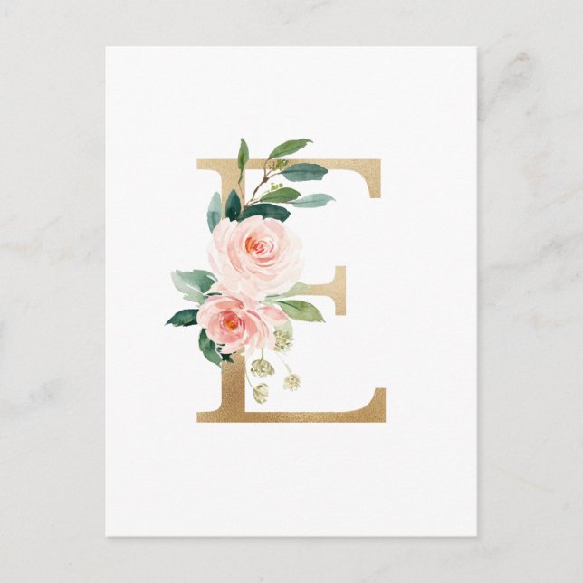 Faux Gold Foil Letter E Blush Floral Monogram Postcard (Front)