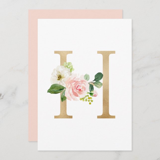 Faux Gold Foil Letter H Blush Floral Monogram Invitation (Front/Back)