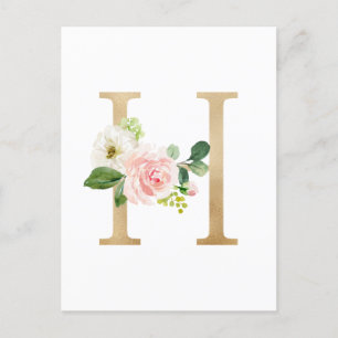 Faux Gold Foil Letter H Blush Floral Monogram Postcard